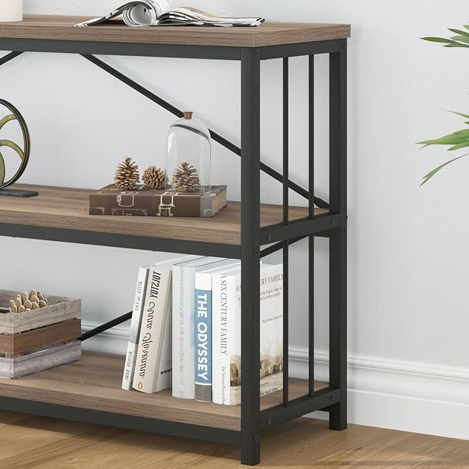 IBF Industrial 3 Tier Bookshelf, Rustic Low Wood and Metal Book Shelf, Farmhouse Long Wide Open Horizontal Bookcase, Modern Large Vintage Etagere for Home Office Bedroom Living Room, Rustic Oak, 63 In - LeafyLoom