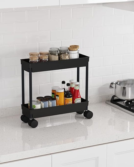 Sooyee 4 Tier Slim Storage Cart,Rolling Storage Cart,Narrow Shelf,Bathroom Rack,Mobile Shelving Unit Organizer for Kitchen, Bathroom, Laundry Room, Black - LeafyLoom