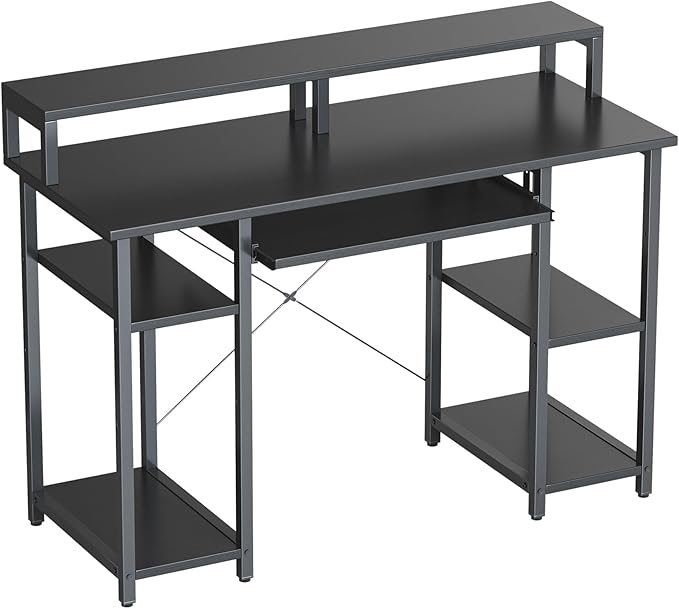 BANTI 47 Inch Computer Desk with Storage Shelves Monitor Stand Keyboard Tray, Home Office Desk, Study Writing Table, Black - LeafyLoom
