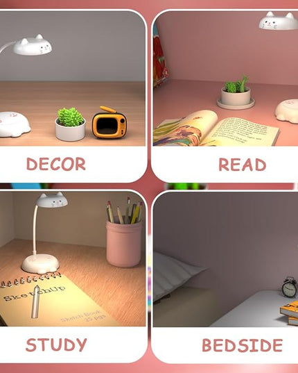 Cute Small Desk Lamp for Kids, Eye-caring Desk Light LED Reading Lamp, 3 Color Dimmable & 45min Timer, Battery Powered Cordless Lamp Rechargeable, Flexible Gooseneck Battery Operated Table Lamp, Cat - LeafyLoom