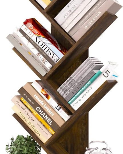 Yoobure Tree Bookshelf - 6 Shelf Retro Floor Standing Bookcase, Tall Wood Book Storage Rack for CDs/Movies/Books, Utility Book Organizer Shelves for Bedroom, Living Room, Home Office - LeafyLoom