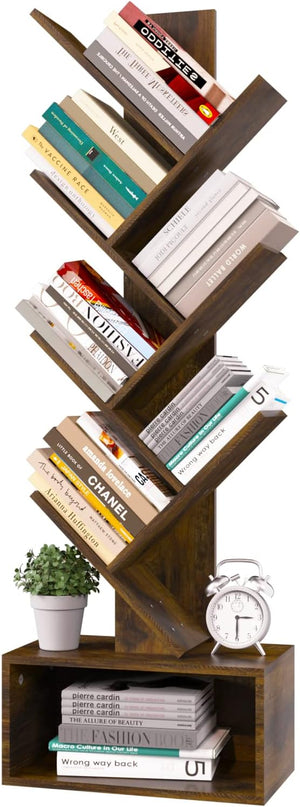 Yoobure Tree Bookshelf - 6 Shelf Retro Floor Standing Bookcase, Tall Wood Book Storage Rack for CDs/Movies/Books, Utility Book Organizer Shelves for Bedroom, Living Room, Home Office - LeafyLoom