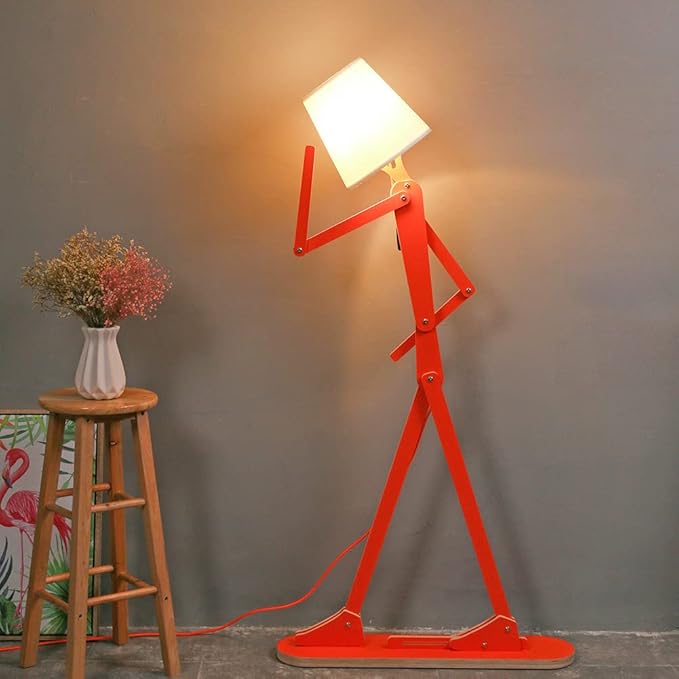 Cool Creative Floor Lamps Wood Tall Decorative Corner Reading Standing Swing Arm Light for Living Room Bedroom Office Farmhouse Kids Boys Girls Gift - with LED Bulb (Orange) - LeafyLoom