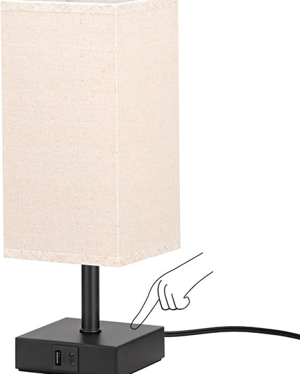Ambimall Beige Table Lamp with USB Ports - 3 Way Touch Lamps Beside Desk, Nightstand Lamp for Bedrooms Living Room, Beige Shade with Black Base, LED Bulb Included(Beige) - LeafyLoom