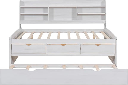 Full Captains Bed with 3 Storage Drawers and Trundle, Wood Daybed with Built-in Bookshelves for Bedroom Living Room, White - LeafyLoom