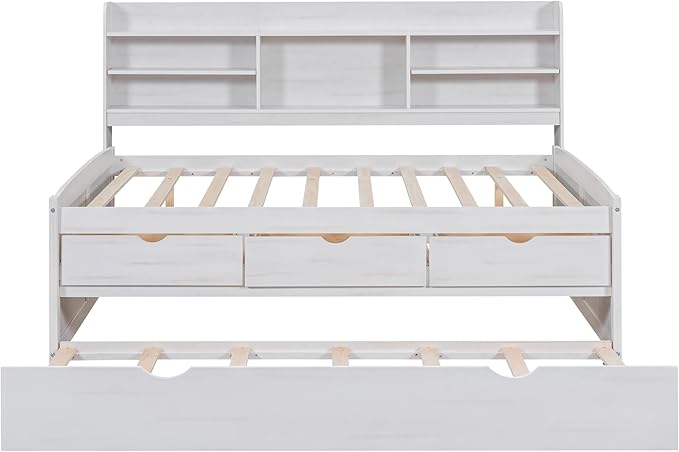 Full Captains Bed with 3 Storage Drawers and Trundle, Wood Daybed with Built-in Bookshelves for Bedroom Living Room, White - LeafyLoom
