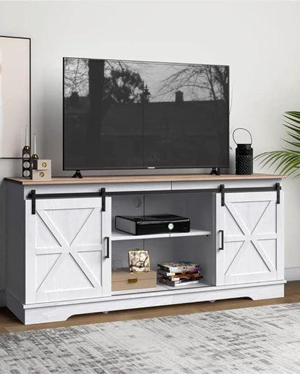 YITAHOME Farmhouse TV Stand for 65/60/55 Inch, Modern Entertainment Center with Sliding Barn Door, Wood TV Media Console Storage TV Cabinet for Living Room for 300lbs, Grey White & Grey Wash - LeafyLoom