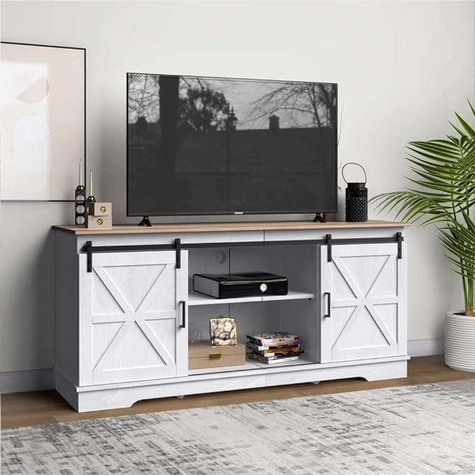 YITAHOME Farmhouse TV Stand for 65/60/55 Inch, Modern Entertainment Center with Sliding Barn Door, Wood TV Media Console Storage TV Cabinet for Living Room for 300lbs, Grey White & Grey Wash - LeafyLoom