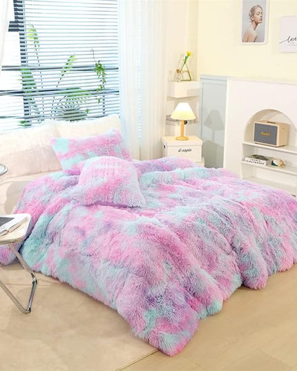 Faux Fur Kids Girls Purple Rainbow Comforter Sets King - 3PC Bed Set Warm Comfortable Soft Plush Flannel Velvet Fluffy Fuzzy Bedding（Comforter x 1 Pillowcases x 2） - LeafyLoom