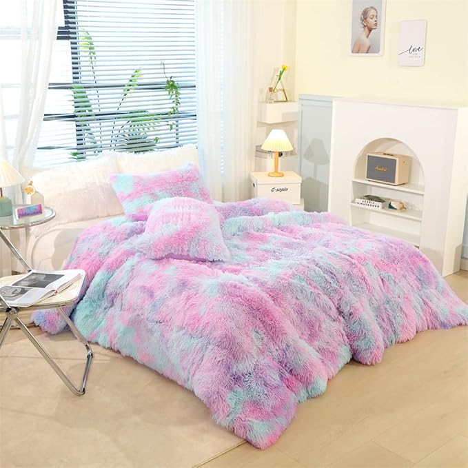 Faux Fur Kids Girls Purple Rainbow Comforter Sets King - 3PC Bed Set Warm Comfortable Soft Plush Flannel Velvet Fluffy Fuzzy Bedding（Comforter x 1 Pillowcases x 2） - LeafyLoom