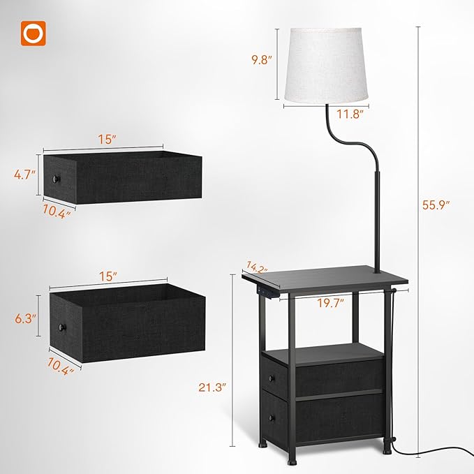 addlon Floor Lamp with Side Table, Nightstand with Charging Station, 3 Color Temperatures 9W LED Bulb, Floor Lamps for Living Room, Bedroom, Storage End Tables Living Room - Black - LeafyLoom