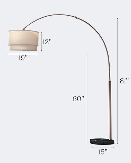 Brightech Mason Arc Floor Lamp - Modern Corner Standing Lamp with Unique Hanging Drum Lamp Shade for Living Room - Bright Overhead, Curved Hanging Light for Bedroom. Library, Den - Bronze - LeafyLoom