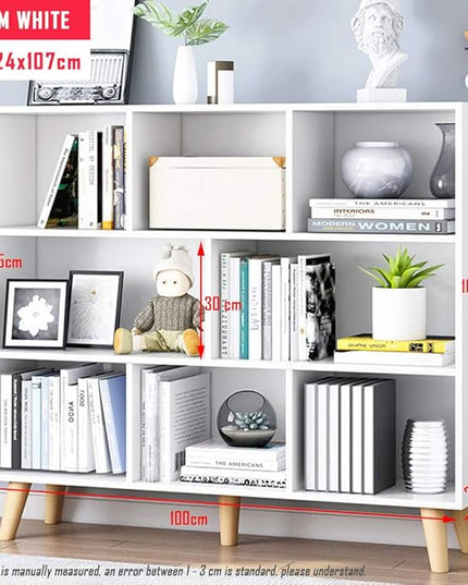 IOTXY Wooden Open Shelf Bookcase - 3-Tier Floor Standing Display Cabinet Rack with Legs, 8 Cubes Bookshelf, Warm White - LeafyLoom