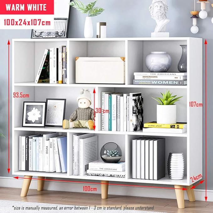 IOTXY Wooden Open Shelf Bookcase - 3-Tier Floor Standing Display Cabinet Rack with Legs, 8 Cubes Bookshelf, Warm White - LeafyLoom