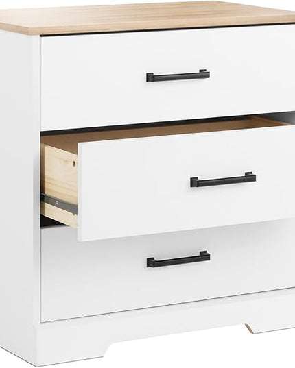 Prepac Three Drawer Nightstand, 16.25" D x 27.5" W x 26.75" H, White & Oak - LeafyLoom