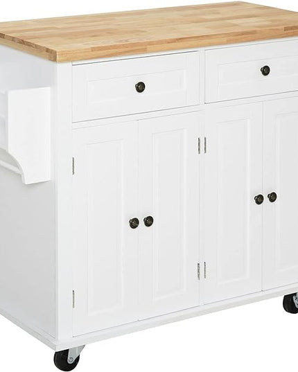 HOMCOM Kitchen Island on Wheels, Rolling Cart with Rubberwood Top, Spice Rack, Towel Rack and Drawers for Dining Room, White - LeafyLoom
