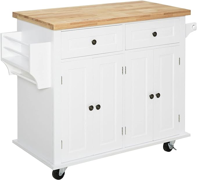 HOMCOM Kitchen Island on Wheels, Rolling Cart with Rubberwood Top, Spice Rack, Towel Rack and Drawers for Dining Room, White - LeafyLoom