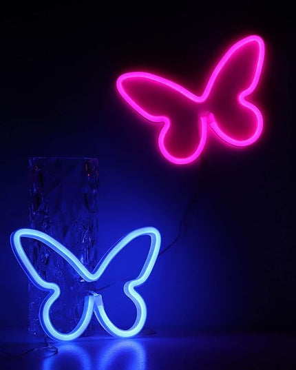 Neon Signs 2 Packs Butterfly Neon Lights Pink & Blue|Battery & USB Powered Nursery Night Lights|Butterfly Art Wall Décor for Bedroom,Dorm, Gaming|Aesthetic Butterfly Decoration Party|Gifts for Kids - LeafyLoom
