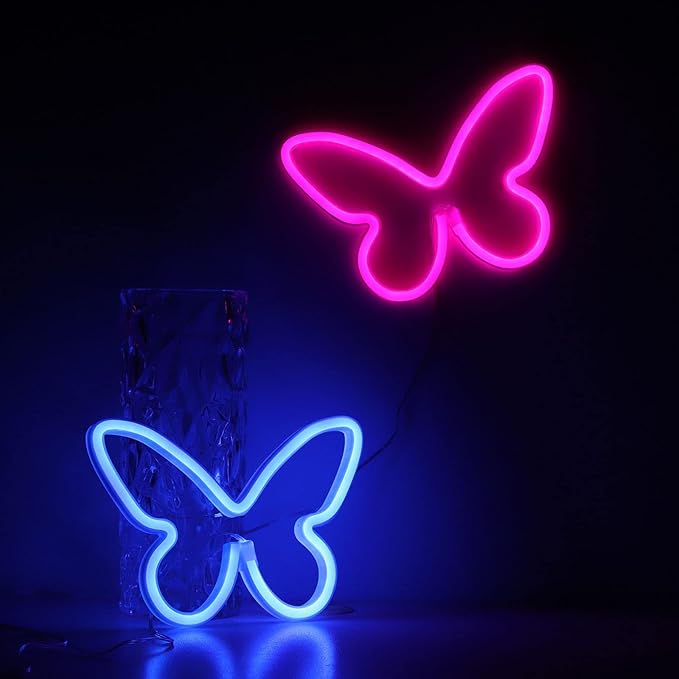 Neon Signs 2 Packs Butterfly Neon Lights Pink & Blue|Battery & USB Powered Nursery Night Lights|Butterfly Art Wall Décor for Bedroom,Dorm, Gaming|Aesthetic Butterfly Decoration Party|Gifts for Kids - LeafyLoom
