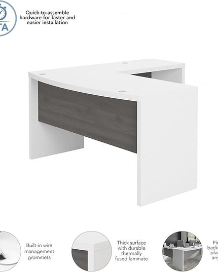 Bush Business Furniture Echo L Shape Desk with Wire Management | Corner Bow Front Table for Home Office with Quick-to-Assemble Hardware, 60W, Pure White and Modern Gray - LeafyLoom
