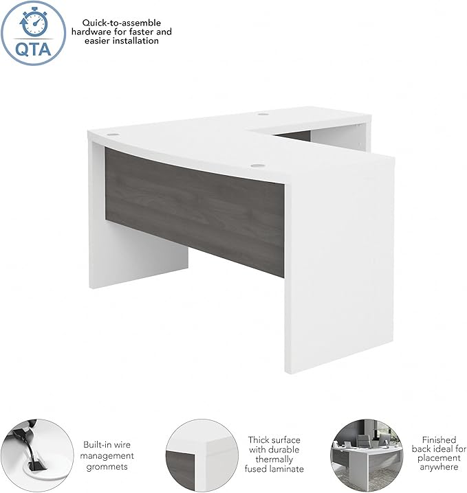 Bush Business Furniture Echo L Shape Desk with Wire Management | Corner Bow Front Table for Home Office with Quick-to-Assemble Hardware, 60W, Pure White and Modern Gray - LeafyLoom