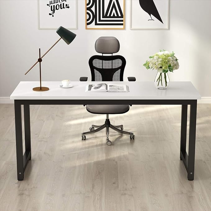 Tribesigns Computer Desk, 55 inch Large Office Desk Computer Table Study Writing Desk for Home Office, White + Black Leg - LeafyLoom