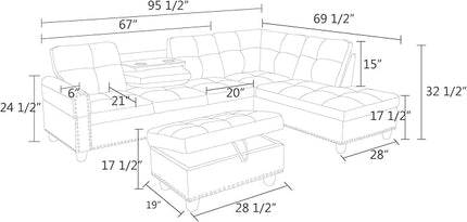 L Shaped Sofa with Ottoman Modern Sectional Living Room, Bedroom, Office, L Couch Purple - LeafyLoom