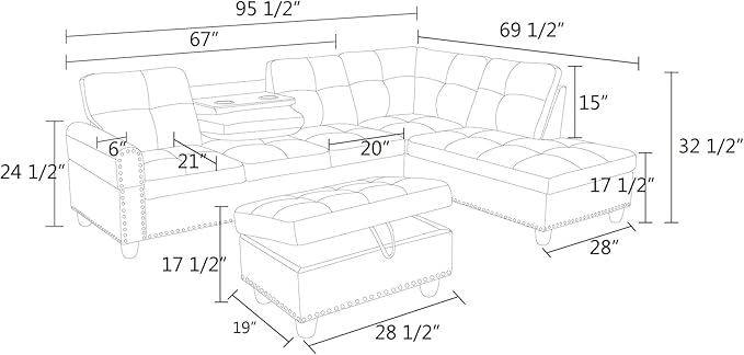 L Shaped Sofa with Ottoman Modern Sectional Living Room, Bedroom, Office, L Couch Purple - LeafyLoom