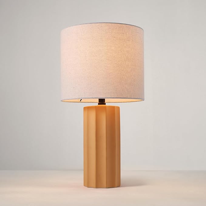 Globe Electric 61000062 20" Ribbed Ceramic Table Lamp, Matte Terracotta Finish, White Linen Shade, On/Off Rotary Switch on Socket, for Living Room, Bedroom, Office, Home Décor - LeafyLoom