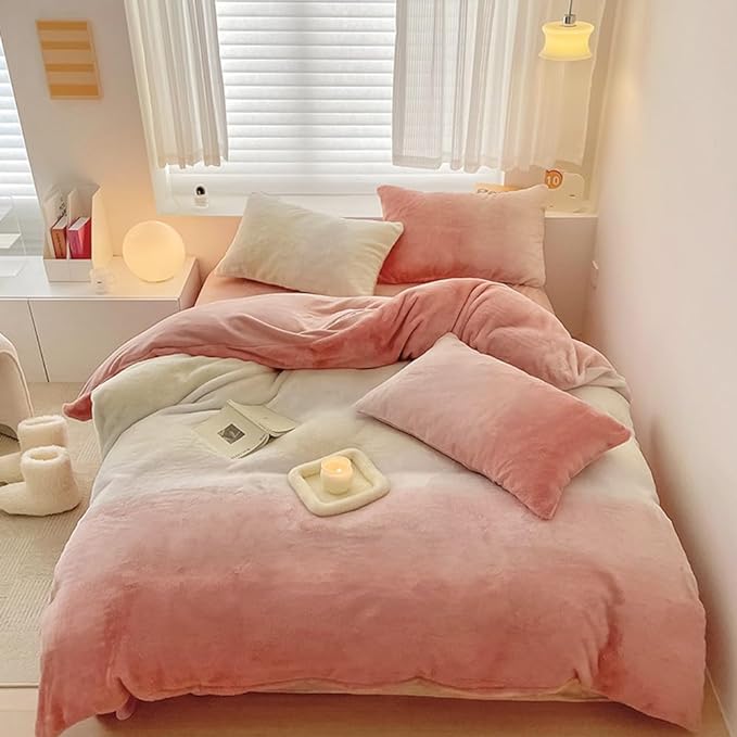 Wellboo Pink White Gradient Comforter California King White and Pink Fluffy Bedding Comforters Cal King Modern Bean Pink Gradient Flannel Quilts Farmhouse Watercolor Comforters Sherpa Fuzzy Plush Bed - LeafyLoom