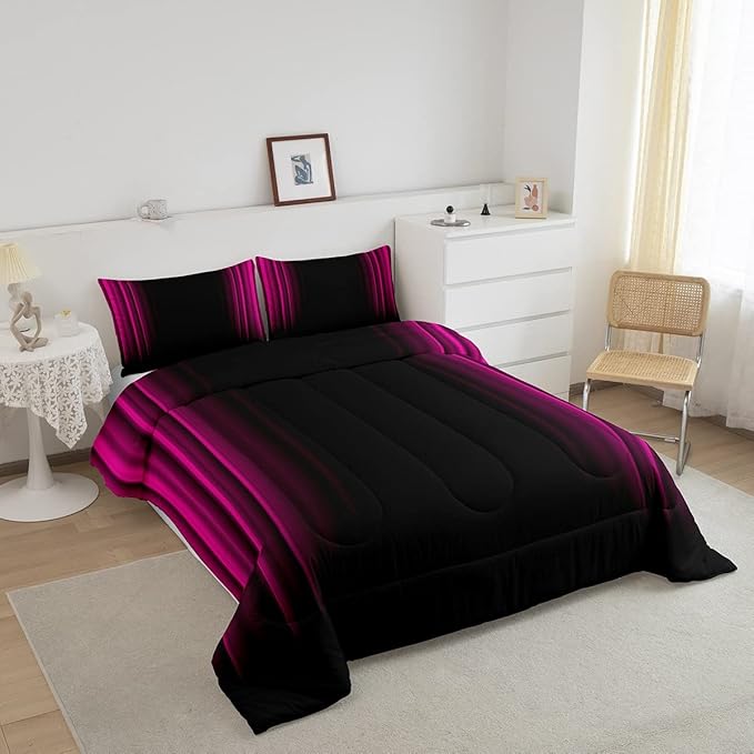 Geometric Abstract Ombre Bedding Bed Set Men Adults Teens Rose Red Black Striped Comforter Set Kids Boys Girls Simple Modern Comforter Collection 3Pcs King Size Boys - LeafyLoom