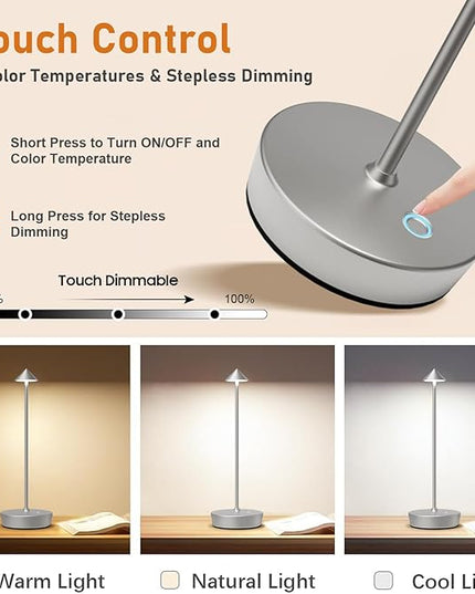 Rechargeable Cordless Table Lamp, 6000mAh LED Battery Operated Desk Lamp Touch 3 Color Stepless Dimming Portable Outdoor Waterproof Table Light for Patio/Restaurant/Dining/Home (Silver) - LeafyLoom