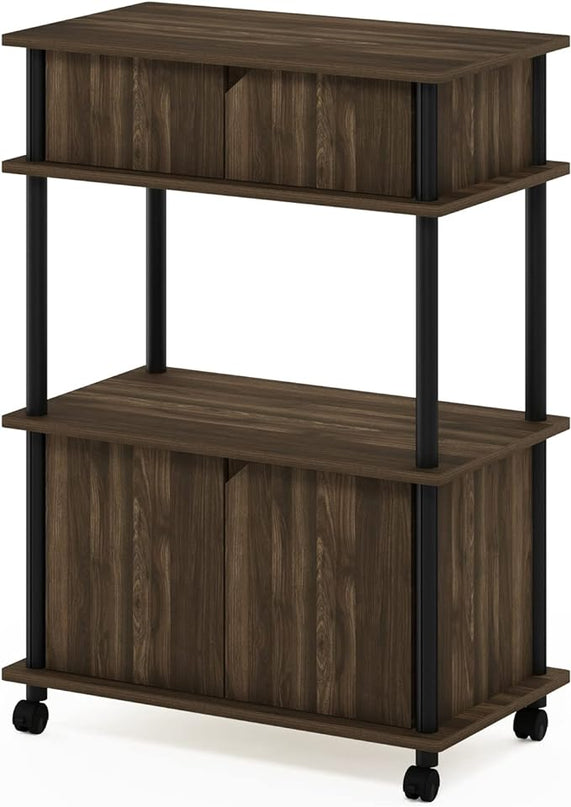 Furinno Turn-N-Tube Kitchen Storage Cart with Cabinet and Lockable Wheels, Columbia Walnut/Black - LeafyLoom