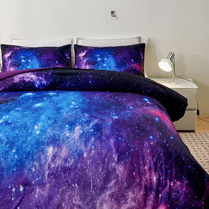 Galaxy Comforter Set,Girls Purple Bedding Set Full,Galaxy Bedding Set for Kids Girls Boys,Space Comforter Set Full with Pillowcase,Girls Full Comforter Set - LeafyLoom