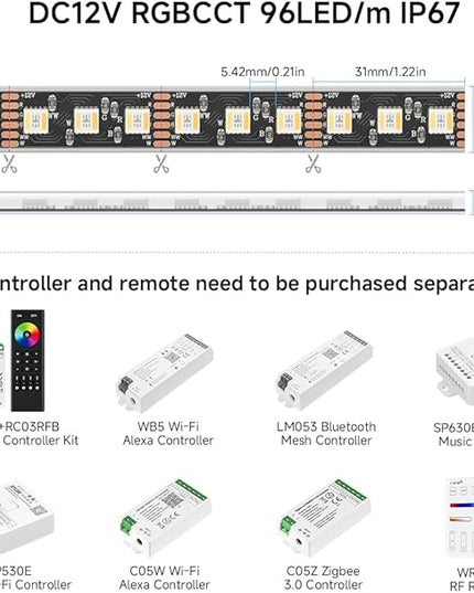 BTF-LIGHTING RGBCCT 5 Colors in 1 LED Tape Lights 5050SMD RGBWW RGB+Dimmable Color Temperature 2700K-6500K 16.4ft 96LED/m 480LED IP67 DC12V Black PCB for Home Decoration(No Adapter or Controller) BTF-LIGHTING