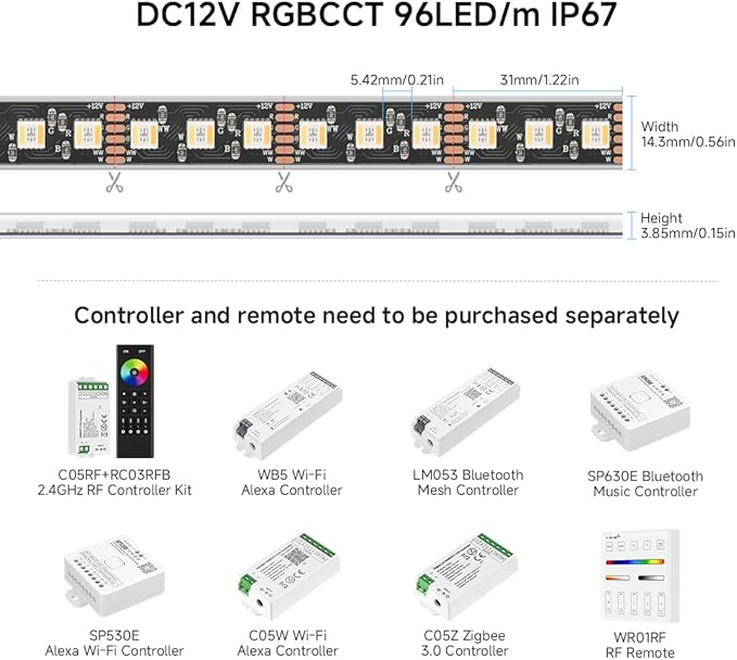 BTF-LIGHTING RGBCCT 5 Colors in 1 LED Tape Lights 5050SMD RGBWW RGB+Dimmable Color Temperature 2700K-6500K 16.4ft 96LED/m 480LED IP67 DC12V Black PCB for Home Decoration(No Adapter or Controller) BTF-LIGHTING
