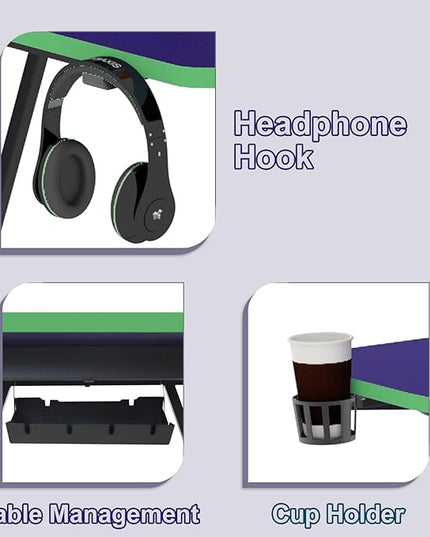 Gaming Desk 47 inch, PC Computer Desk RGB Light Gaming Table with Cup Holder, Earphone Hook, Power Strip Box, Green - LeafyLoom