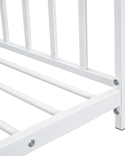Twin Size Kids Montessori Floor Bed,House Bed Frame with High Headboard,Twin Floor Bed with Roof for Boys Girls,Floor Bed Metal Frame (White) - LeafyLoom
