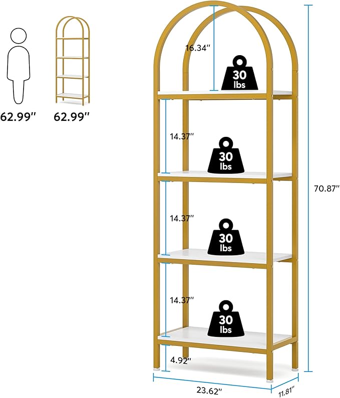 Tribesigns 4-Tier Open Bookshelf, 70.8" Modern Wood Bookcase Storage Shelves with Metal Frame, Freestanding Display Rack Tall Shelving Unit for Office, Bedroom, Living Room (White & Gold, 1PC) - LeafyLoom