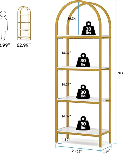 Tribesigns 4-Tier Open Bookshelf Set of 2, 70.8" Modern Wood Bookcase Storage Shelves with Metal Frame, Freestanding Display Rack Tall Shelving Unit for Bedroom, Living Room (White and Gold, 2PCS) - LeafyLoom