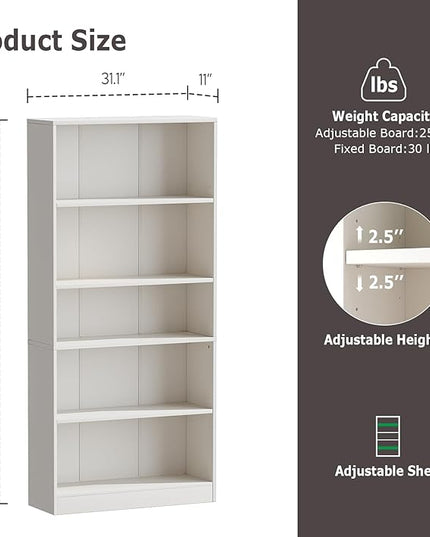 5-Tier Bookshelf, Wood Display Storage Shelves 67.3" Tall Bookcase Open Bookshelf for Home Office, Living Room and Bedroom,White - LeafyLoom