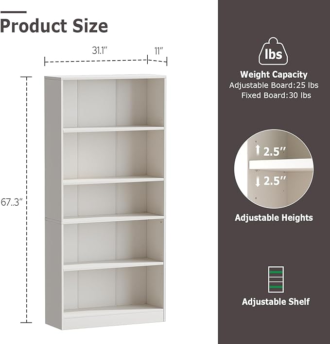 5-Tier Bookshelf, Wood Display Storage Shelves 67.3" Tall Bookcase Open Bookshelf for Home Office, Living Room and Bedroom,White - LeafyLoom