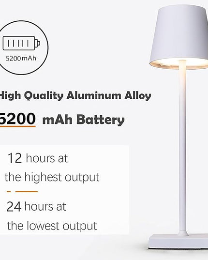 Rechargeable Table Lamp, 3 Color Dimmable Modern Battery Powered Lamp, 5200mAh Touch Cordless LED Desk Lamp for Bedroom Reading Office Bar Cafe Patio (White) - LeafyLoom