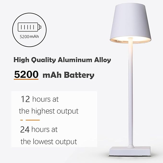 Rechargeable Table Lamp, 3 Color Dimmable Modern Battery Powered Lamp, 5200mAh Touch Cordless LED Desk Lamp for Bedroom Reading Office Bar Cafe Patio (White) - LeafyLoom