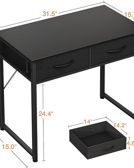 ODK Small Desk with Fabric Drawers- for Bedroom, White Study Desk with Storage, Home Office Computer Desk for Small Spaces, 32 Inch Modern Work Writing Kids Table, Black - LeafyLoom