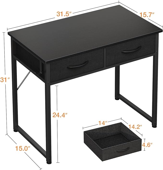ODK Small Desk with Fabric Drawers- for Bedroom, White Study Desk with Storage, Home Office Computer Desk for Small Spaces, 32 Inch Modern Work Writing Kids Table, Black - LeafyLoom
