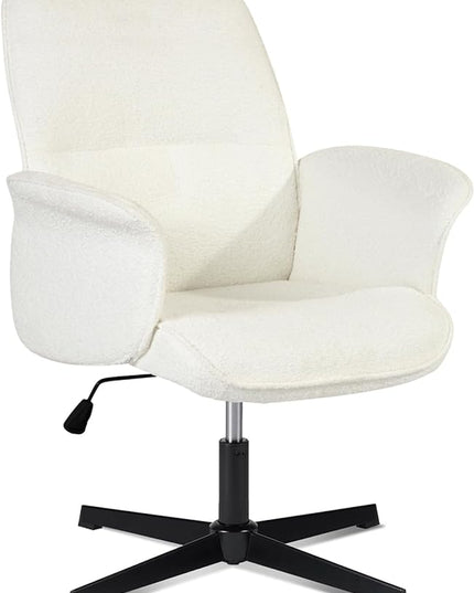 Home Office Chair, Upholstered Linen Fabric Padded Mid Back Accent Chair, Computer Desk Chairs Ergonomic No Wheels Stylish Swivel Adjustable Vanity Chair with Armrests, Beige - LeafyLoom