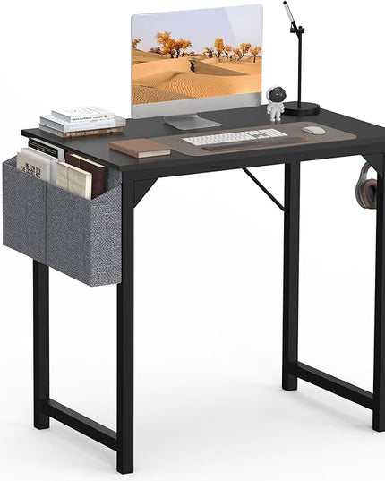 SMUG Computer Desk 32 Inch Home Office Writing Wood Storage Bag & Headphone Hook Small Spaces Simple Bedroom Work Study Kids Table, Black - LeafyLoom