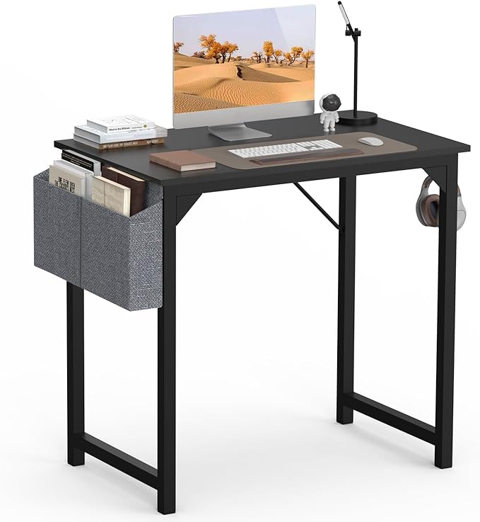SMUG Computer Desk 32 Inch Home Office Writing Wood Storage Bag & Headphone Hook Small Spaces Simple Bedroom Work Study Kids Table, Black - LeafyLoom
