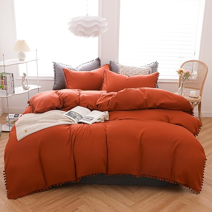 Burnt Orange Comforter Set Full Size Rust Pom Comforter 3 PCs Burnt Orange Boho Ball Pom Fringe Full Comforter Bedding Set Women Solid Terracotta Full Bed Comforter Set All Season Gift - LeafyLoom